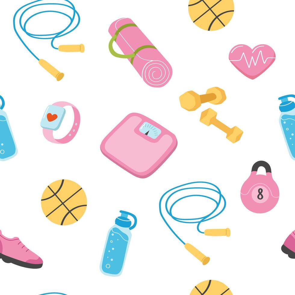 Fitness and sports equipment seamless pattern. Set of elements for physical exercise - sneakers, yoga mat, dumbbells and others. Bright background for printing on fabric, packaging, paper. vector