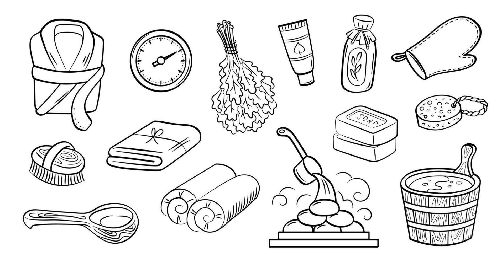 Sauna and wellness outline illustrations. Set of cute elements in doodle style isolated on white background. vector