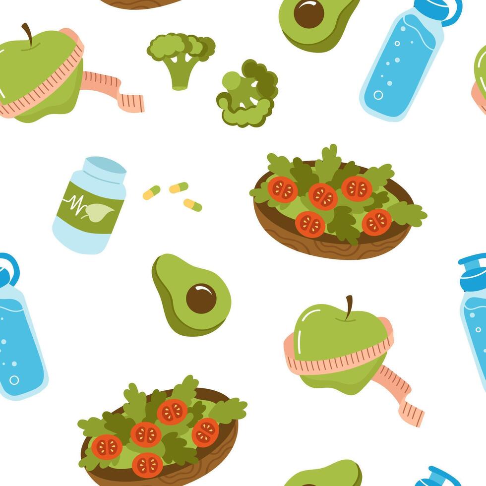 Healthy eating, weight loss products, veganism. Seamless pattern with vegetables and fruits on a white background. Diet background for printing on fabric, packaging, paper. vector