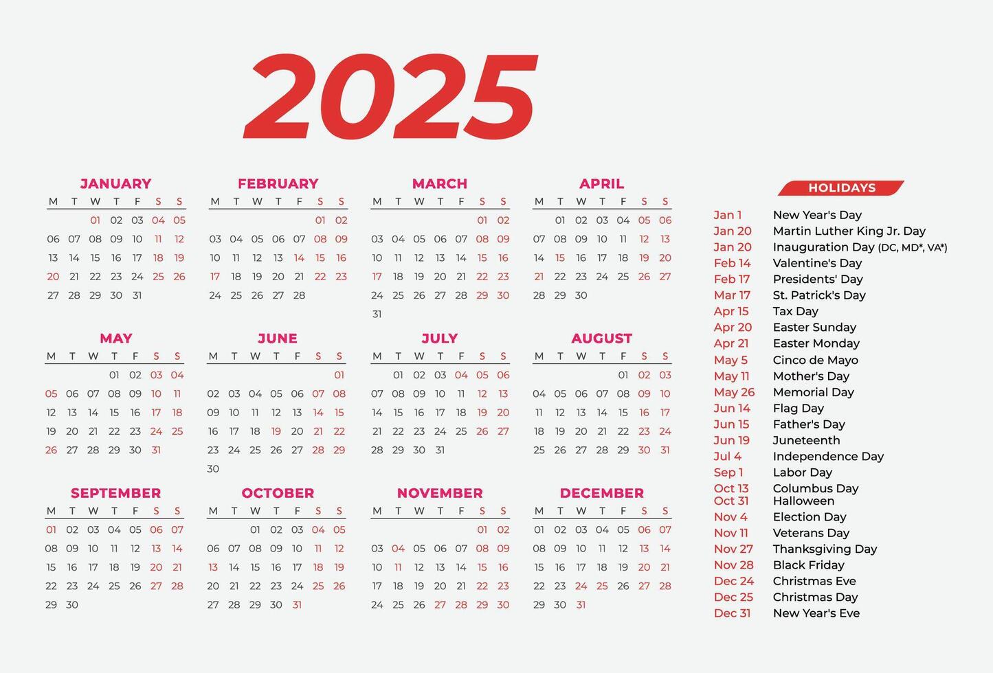 2025 Calendar, Calendar 2025, Calendar Design, 2025, Calendar Design With Holiday vector