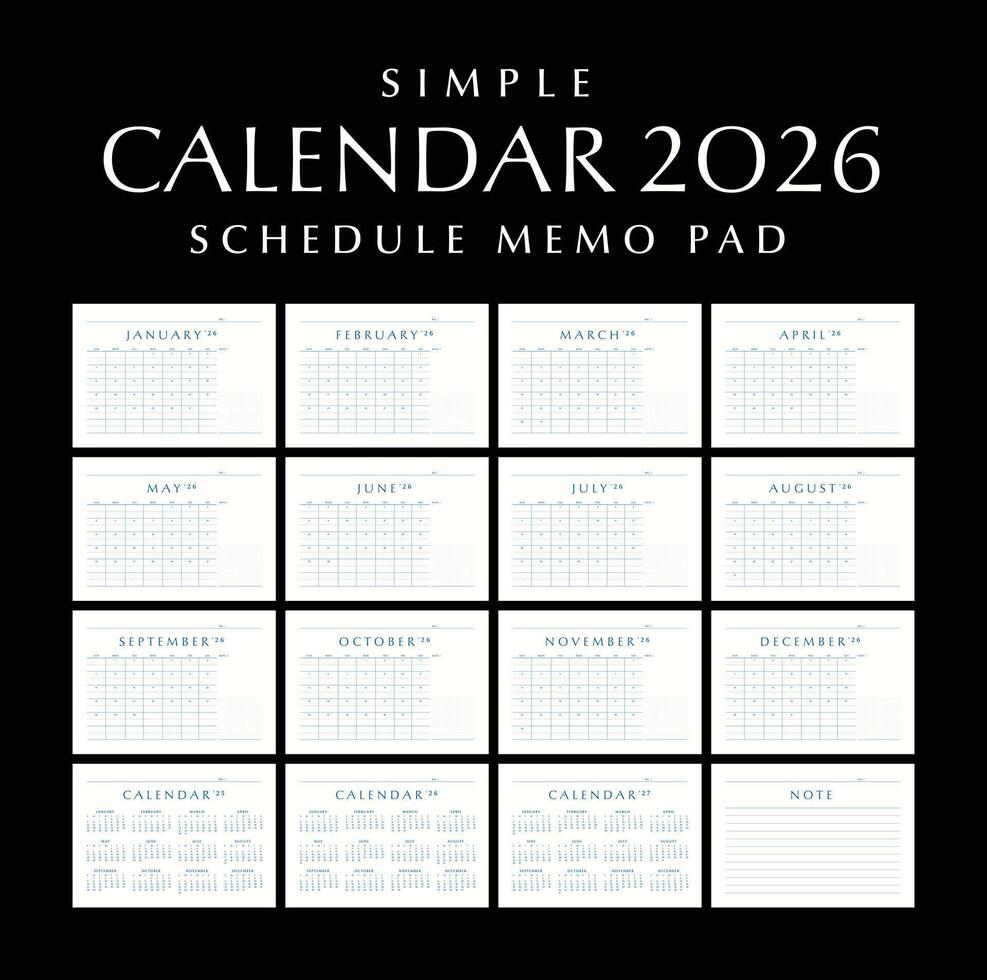 Simple Calendar 2026 Schedule Memo Pad, Landscape Design vector