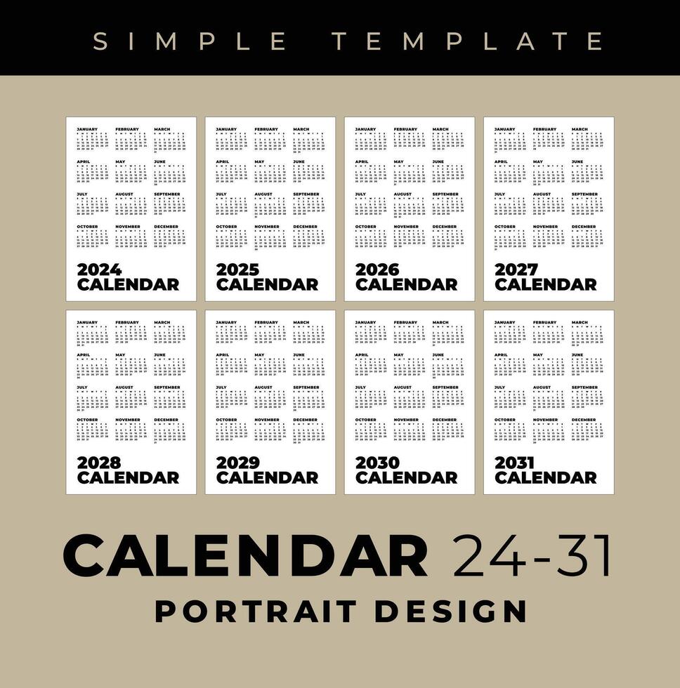 Simple Template Calendar 2024-2031, Portrait Design vector