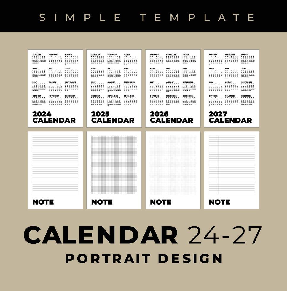 Simple Template Calendar 2024 - 2027 and Note, Portrait Design vector