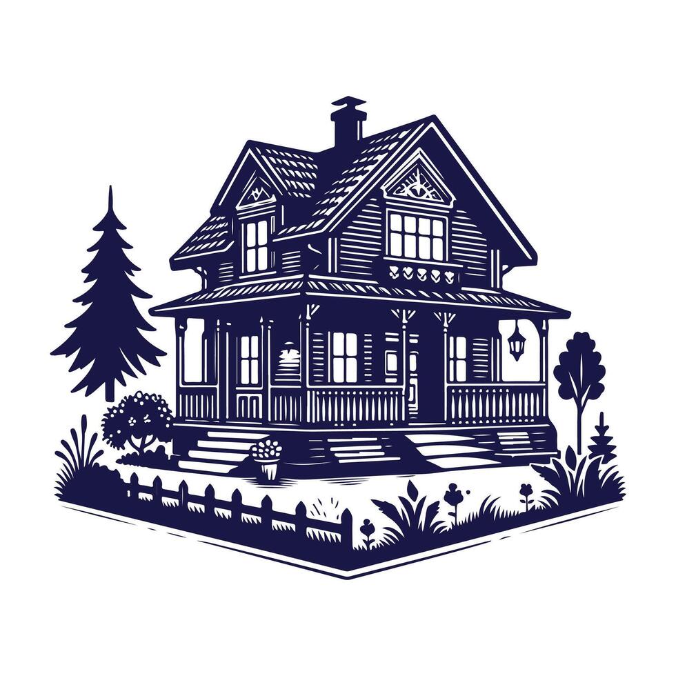 a house with a fence and trees in the background vector