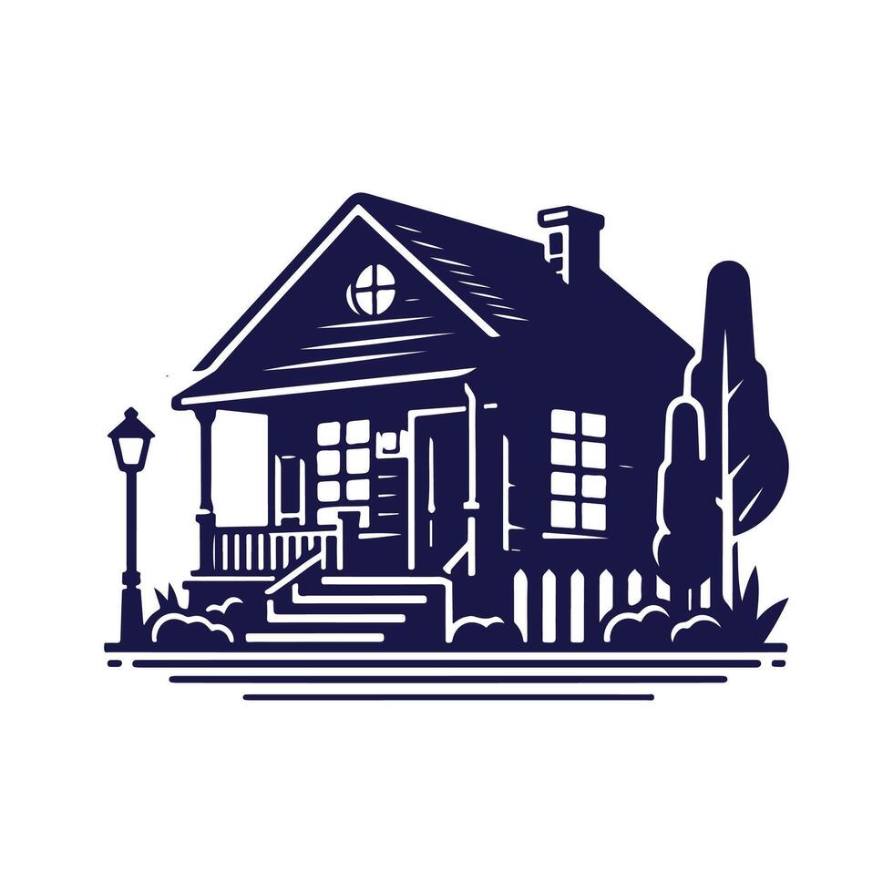 a house with a fence and trees in the background vector