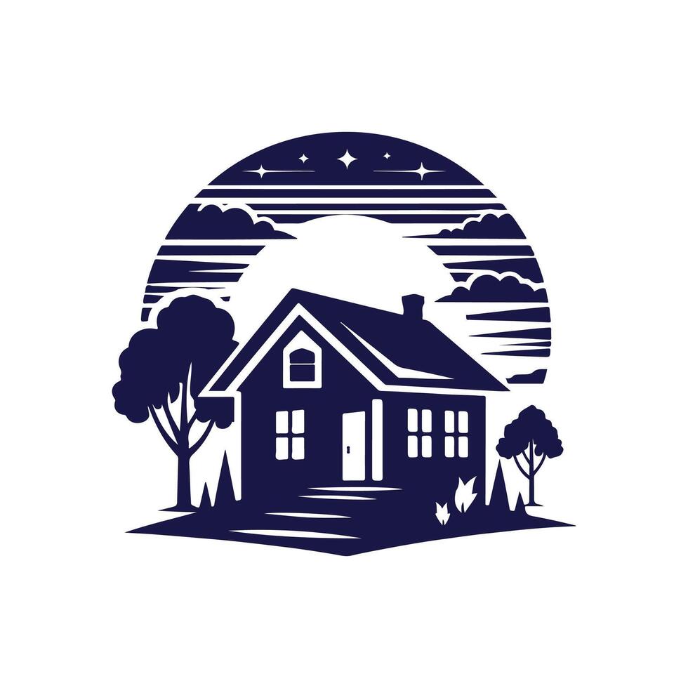 a house with a fence and trees in the background vector