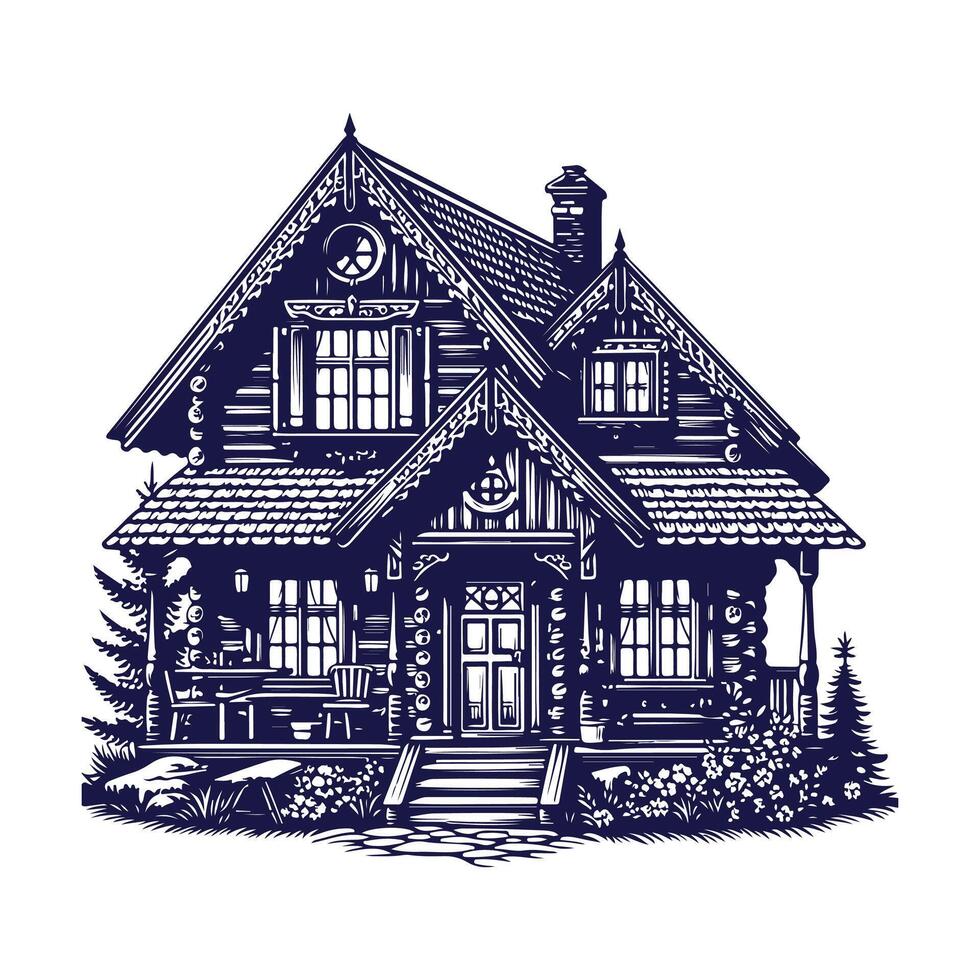 a house with a fence and trees in the background vector