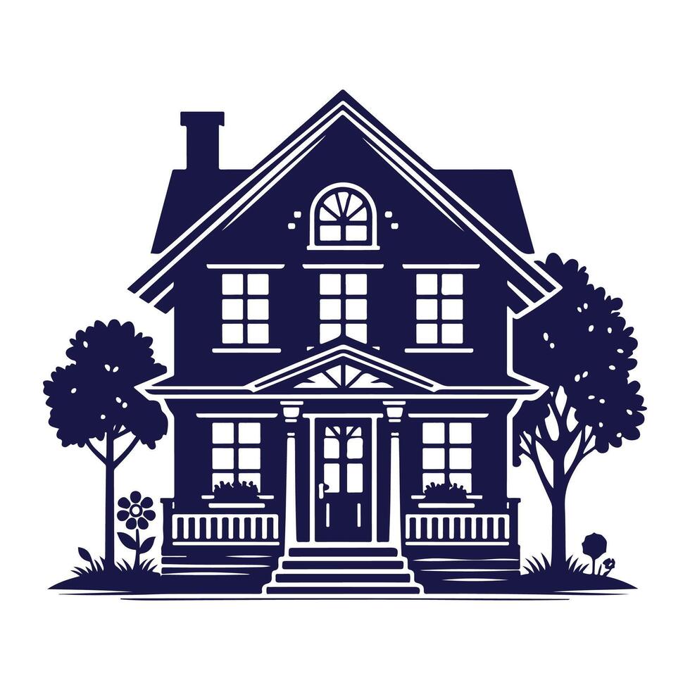 a house with a fence and trees in the background vector