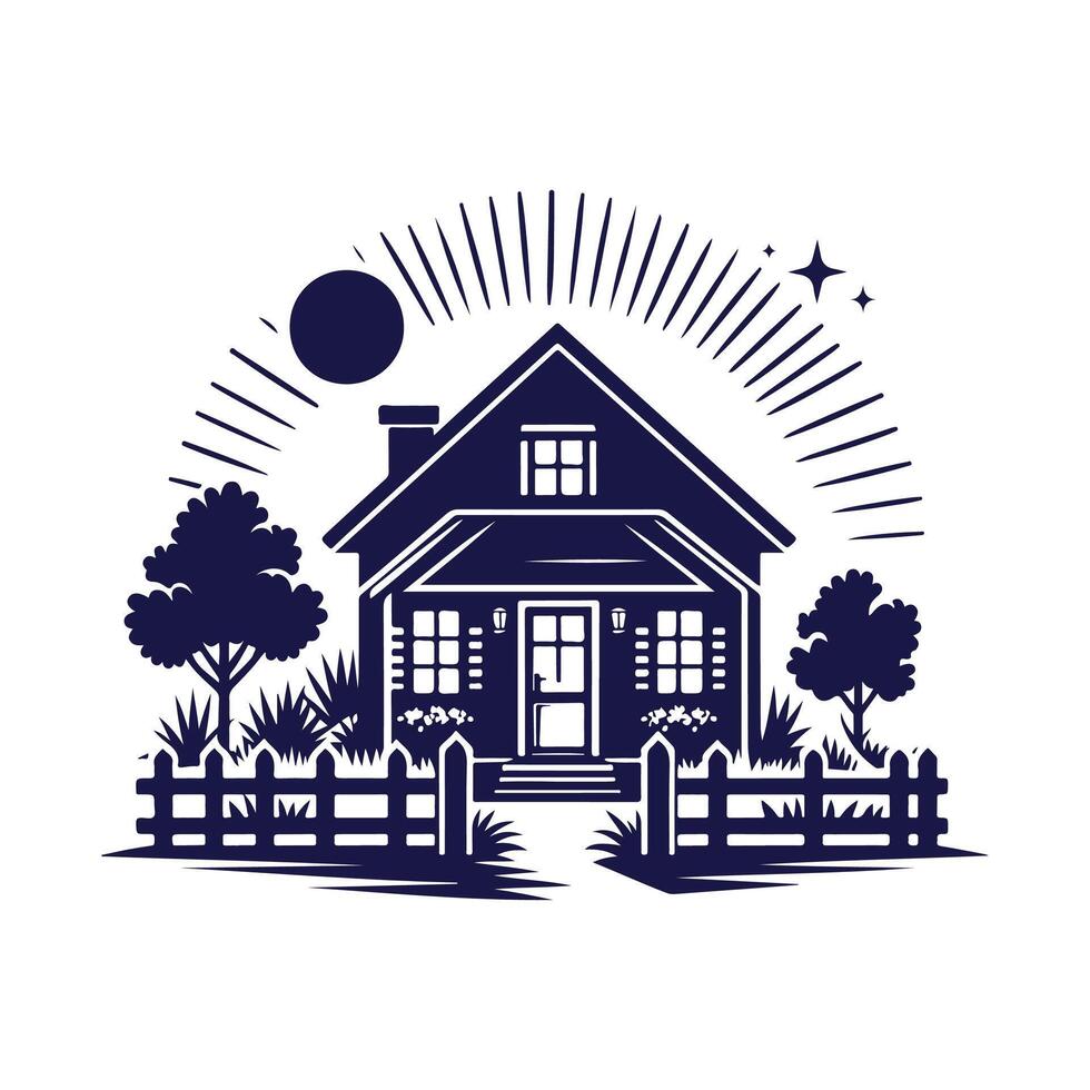 a house with a fence and trees in the background vector