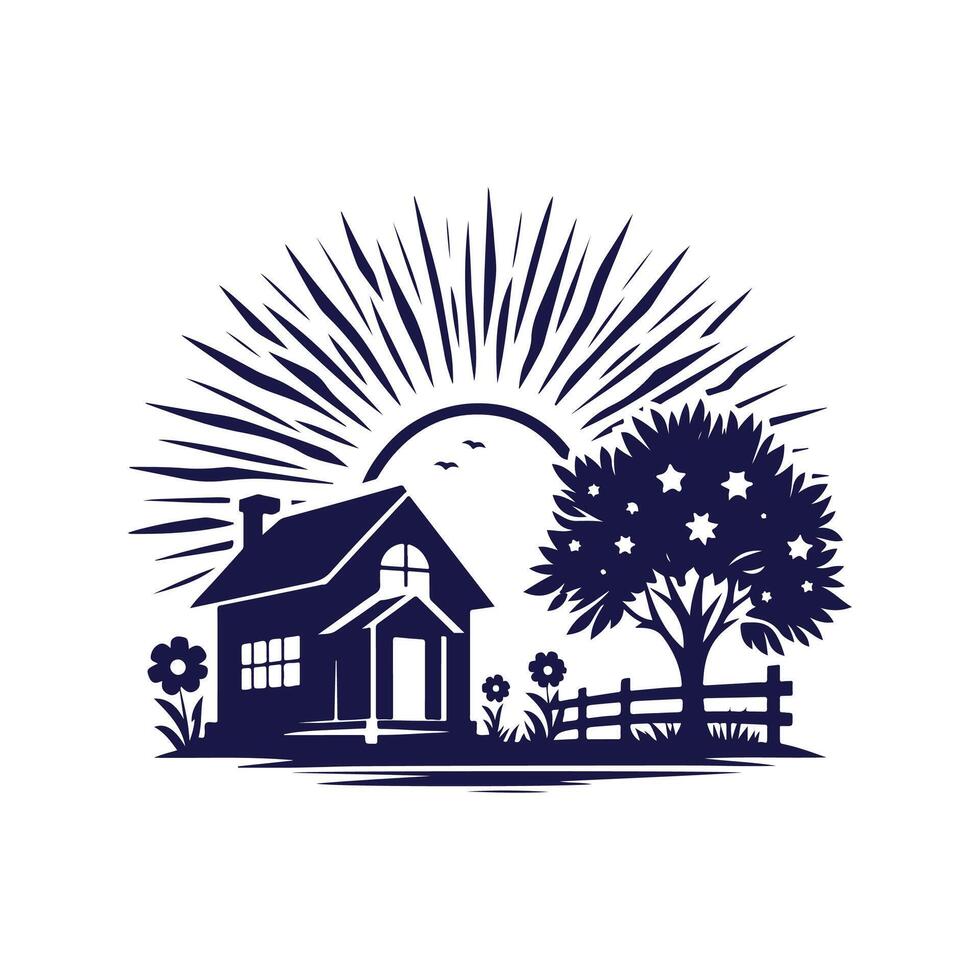 a house with a fence and trees in the background vector