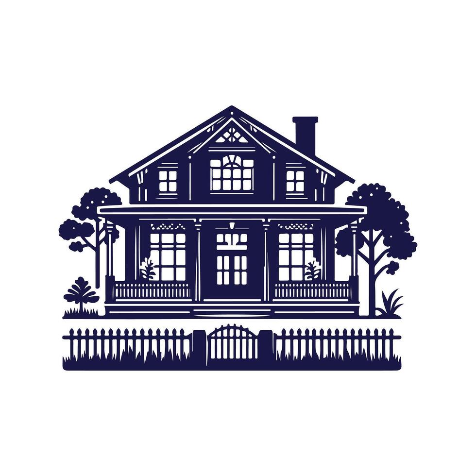a house with a fence and trees in the background vector