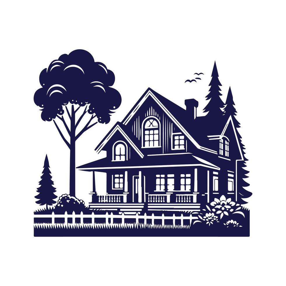 a house with a fence and trees in the background vector