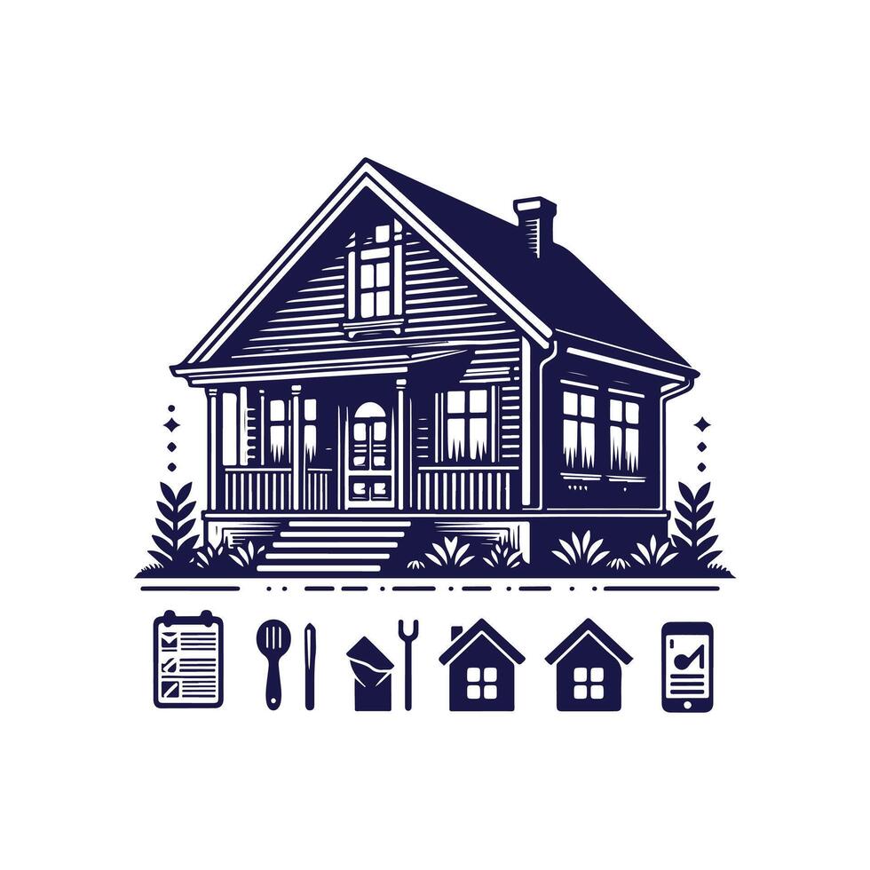 a house with a fence and trees in the background vector