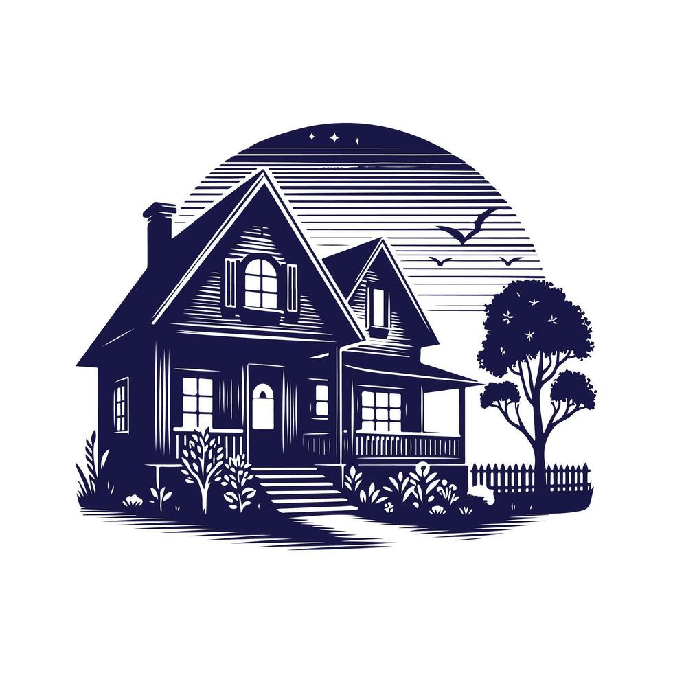 a house with a fence and trees in the background vector