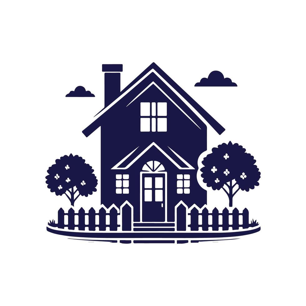 a house with a fence and trees in the background vector