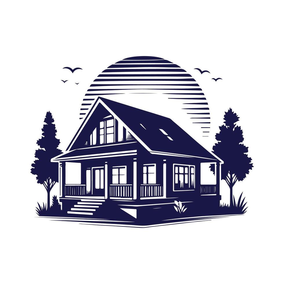 a house with a fence and trees in the background vector