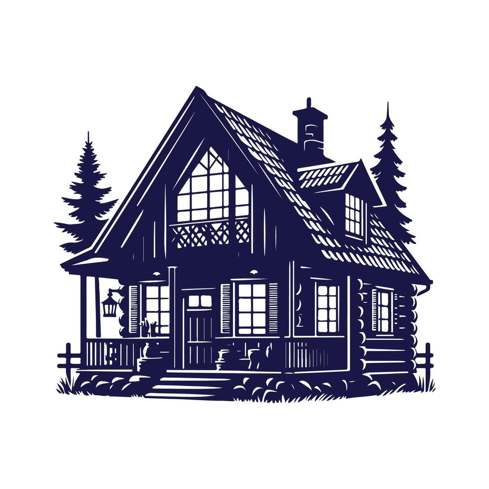 a house with a fence and trees in the background vector