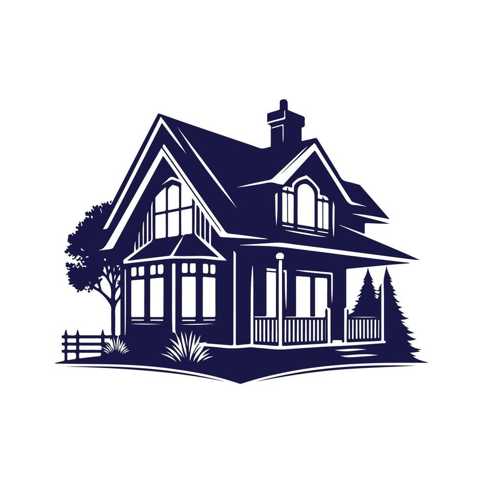 a house with a fence and trees in the background vector