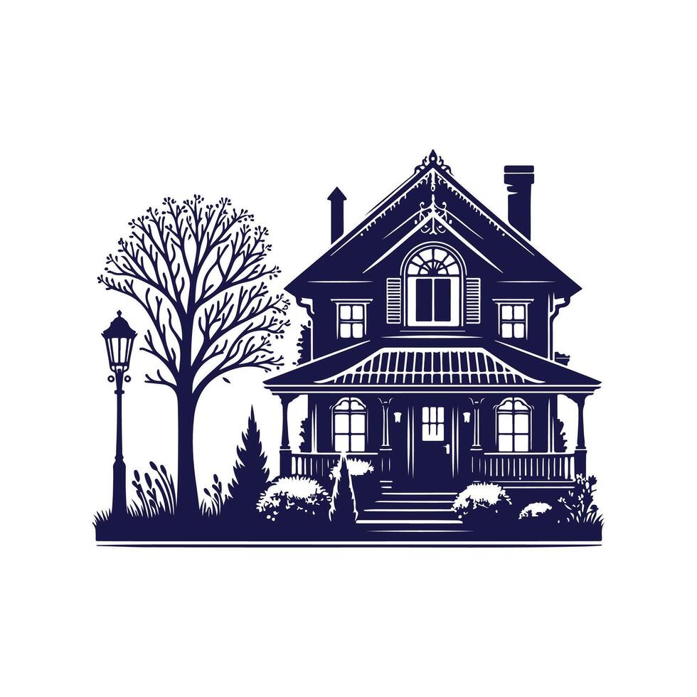 a house with a fence and trees in the background vector