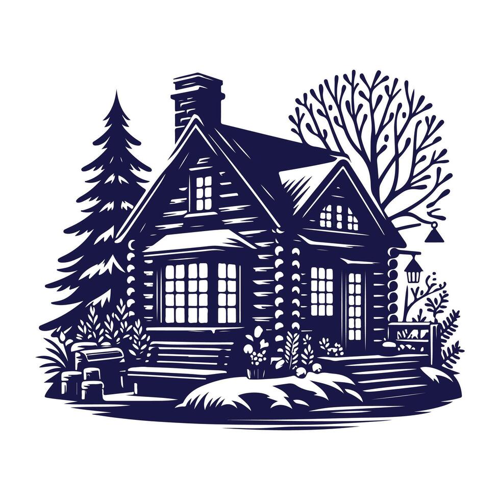 a house with a fence and trees in the background vector