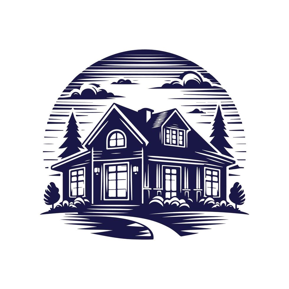 a house with a fence and trees in the background vector