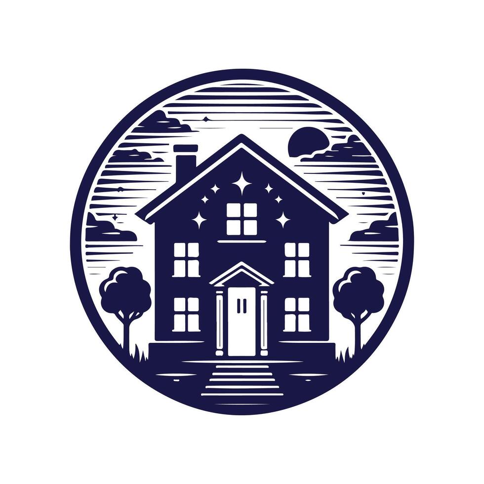 a house with a fence and trees in the background vector