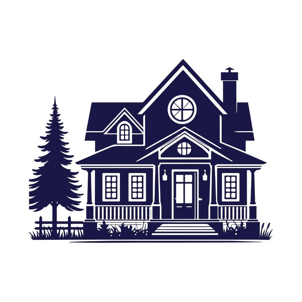 a house with a fence and trees in the background vector