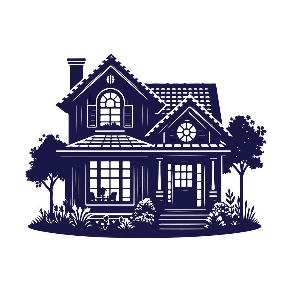 a house with a fence and trees in the background vector