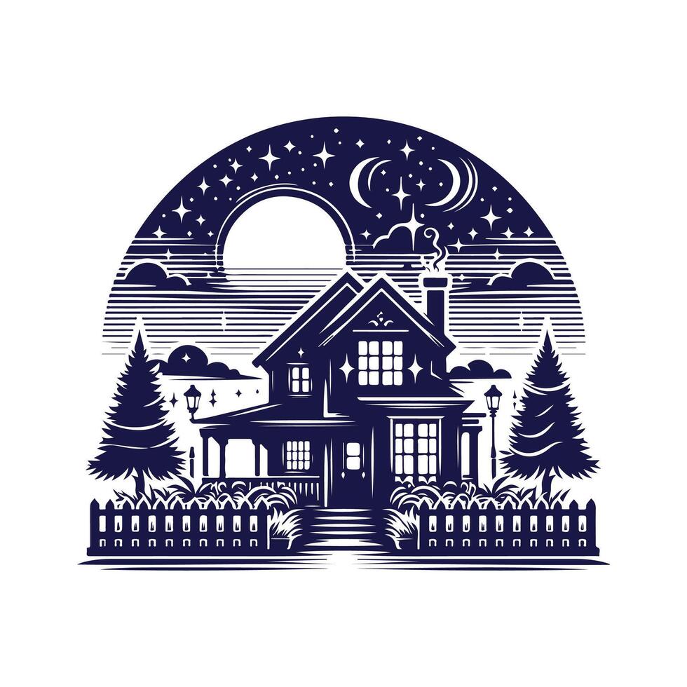 a house with a fence and trees in the background vector