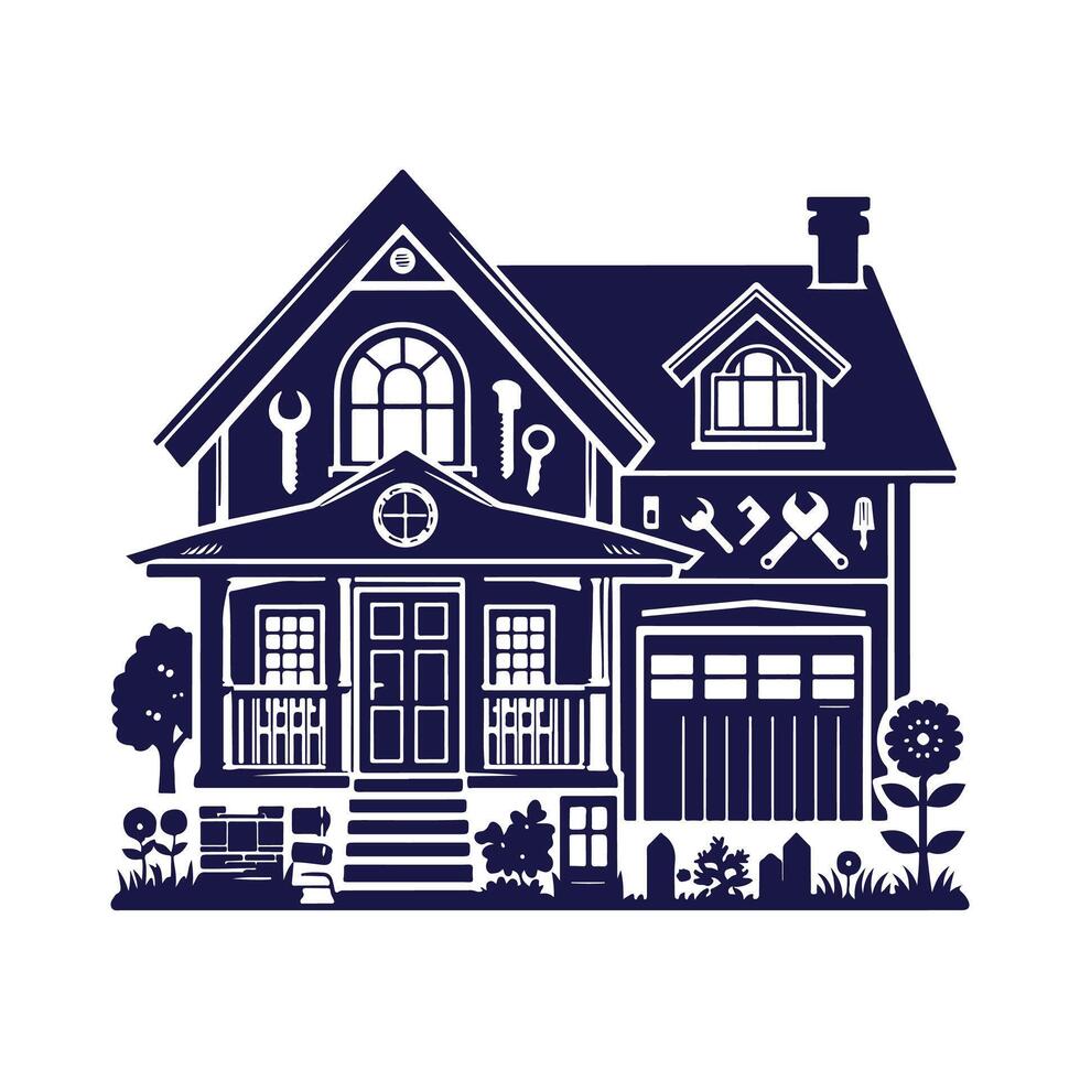 a house with a fence and trees in the background vector
