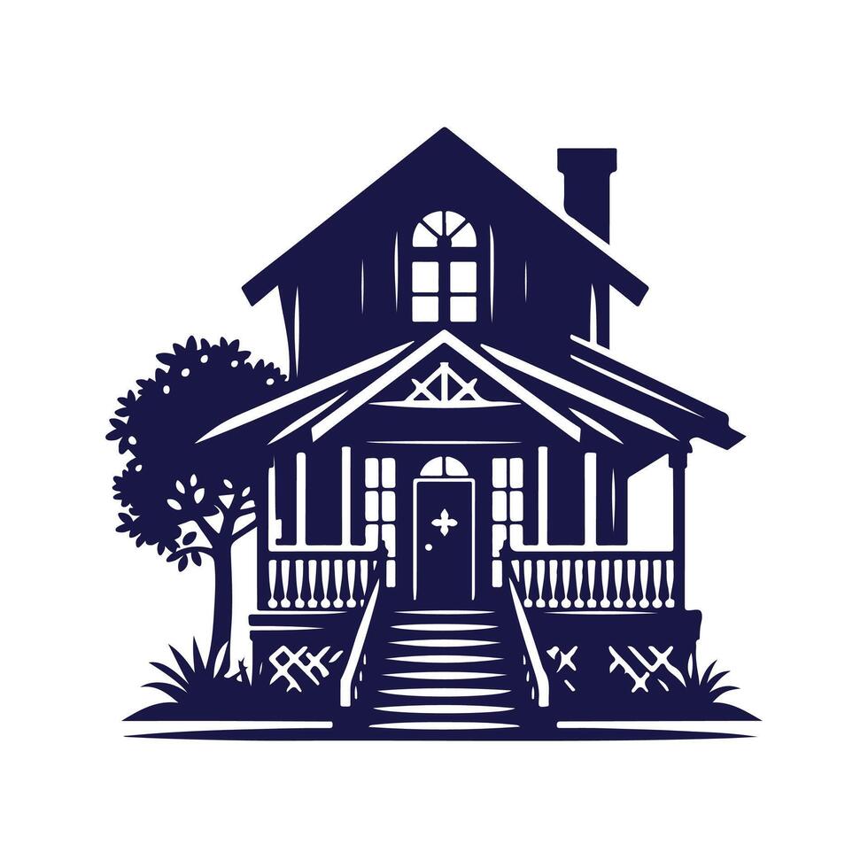 a house with a fence and trees in the background vector
