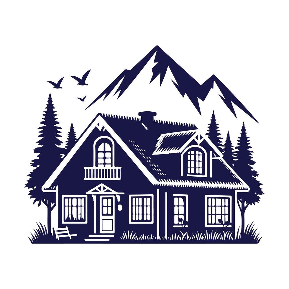 a house with a fence and trees in the background vector