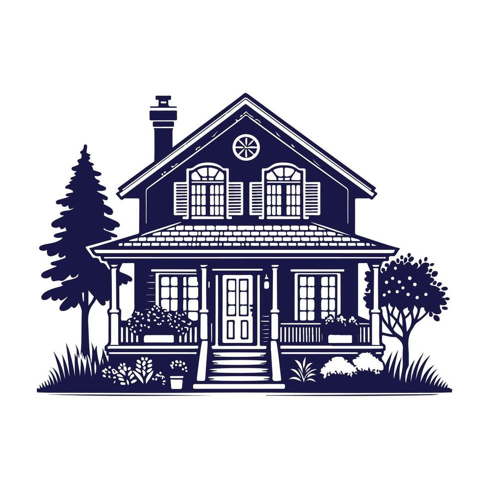 a house with a fence and trees in the background vector