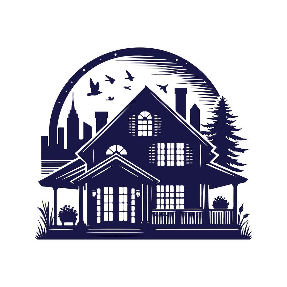 a house with a fence and trees in the background vector