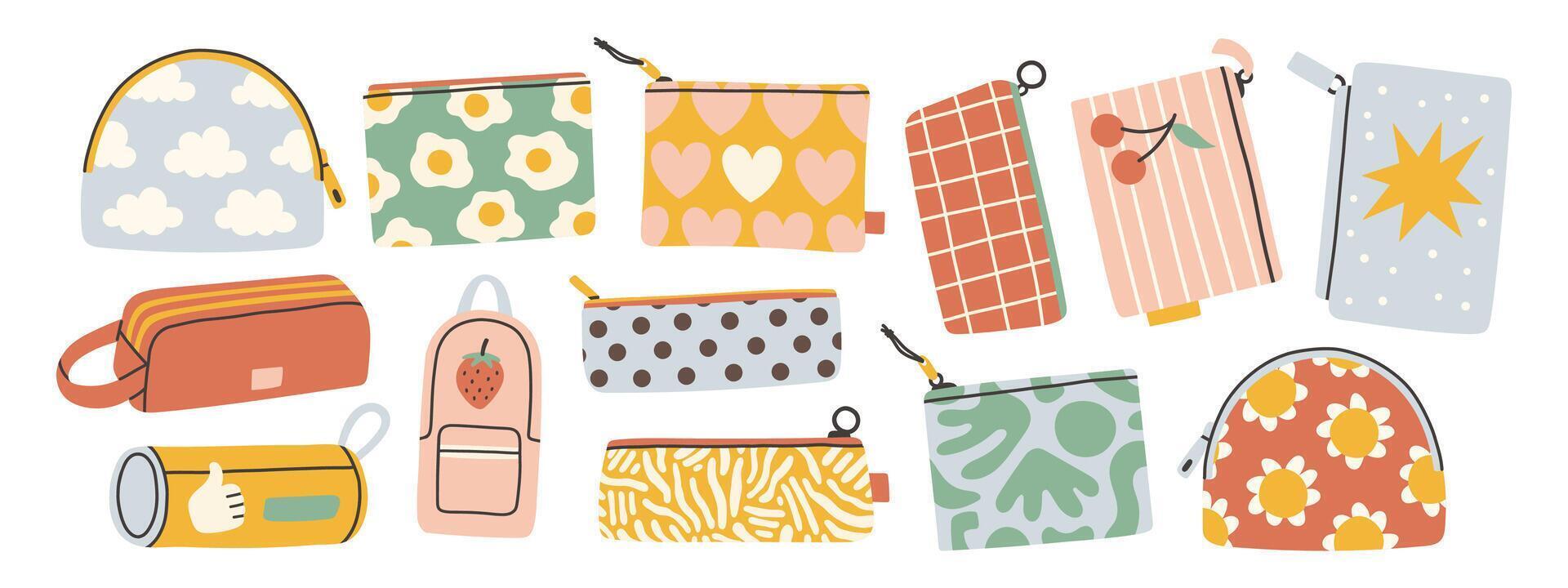 Cute pencil case set. Collection of pencil cases. Cute design in pastel colors. Flat design style illustration. vector