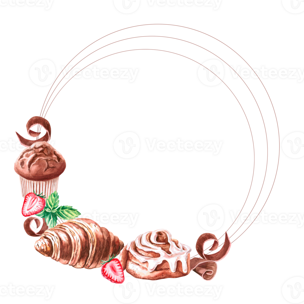 Round frame of cinnamon roll, strawberry, mint, croissant, muffin, chocolate in watercolor illustration . Hand drawn baking illustration for menu, cookbooks, brand logo, bakery. png