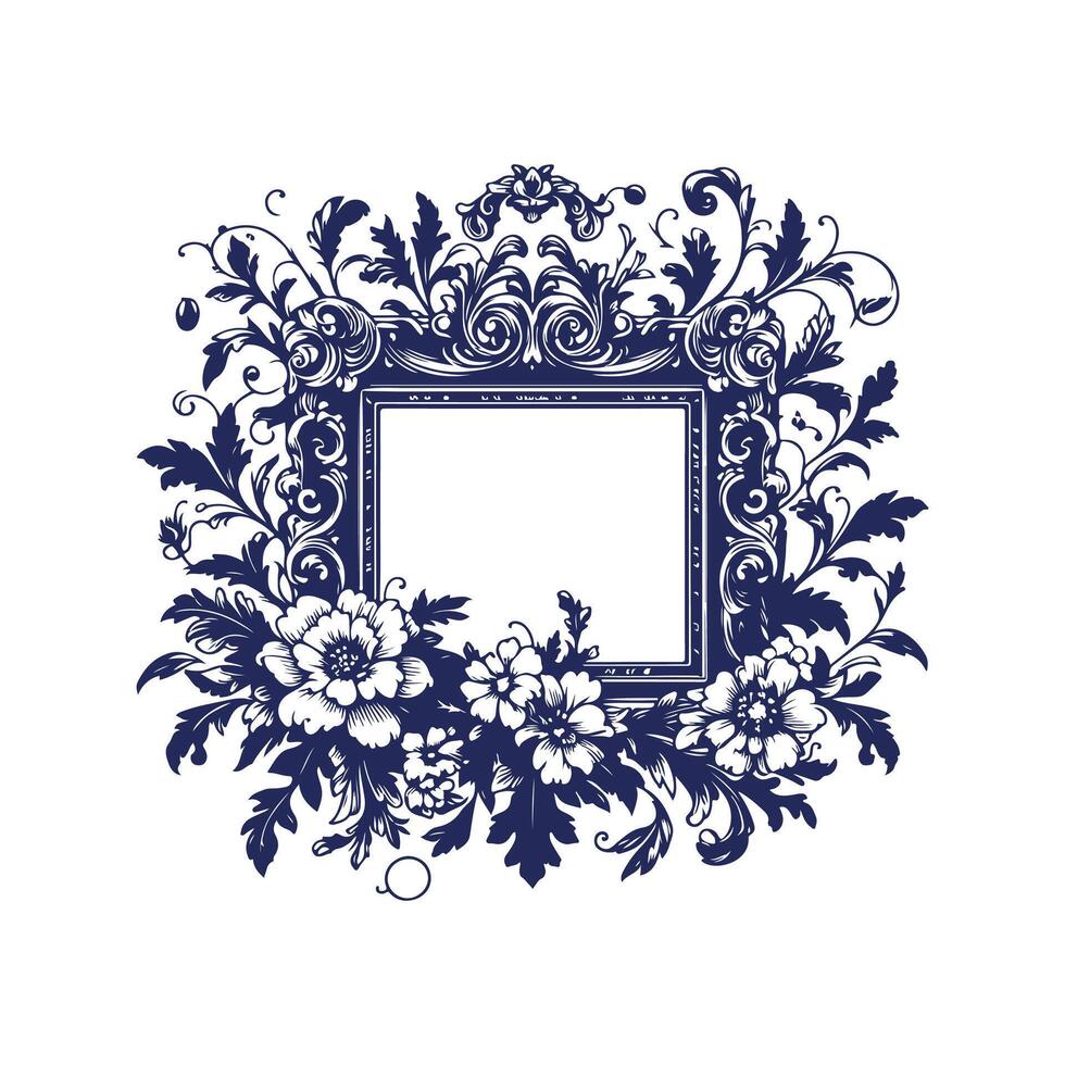 a blue frame with flowers and swirls vector