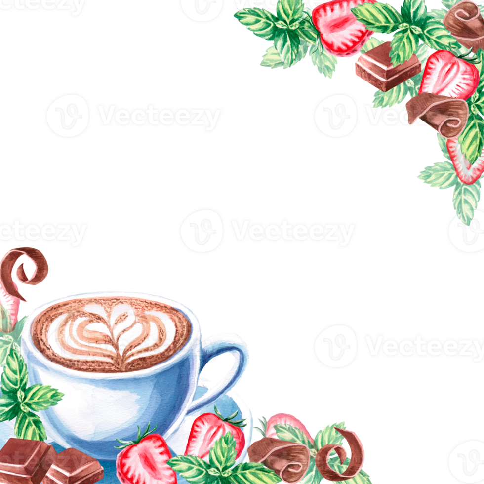 A cup of cappuccino on a plate, chocolate, mint are decorated in a square frame in a watercolor illustration. Hand drawn frame for menu, sign for cafe, restaurant, menu, goth cards, invitations. png