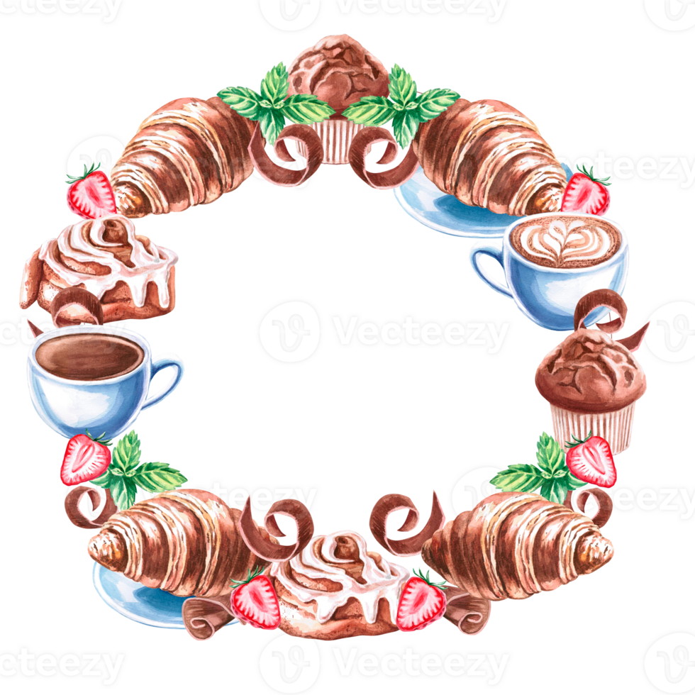 Round frame of cinnamon roll, strawberry, mint, croissant, muffin, chocolate in watercolor illustration. Hand drawn baking illustration for menu, cookbooks, brand logo, bakery. png