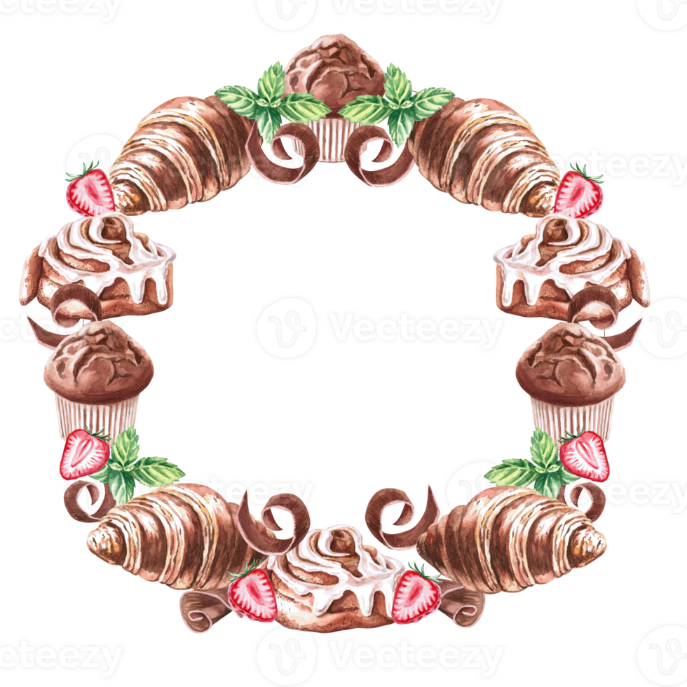 Round frame of cinnamon roll, strawberry, mint, croissant, muffin, chocolate in watercolor illustration . Hand drawn baking illustration for menu, cookbooks, brand logo, bakery. png