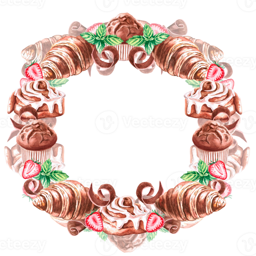Round frame of cinnamon roll, strawberry, mint, croissant, muffin, chocolate in watercolor illustration . Hand drawn baking illustration for menu, cookbooks, brand logo, bakery. png