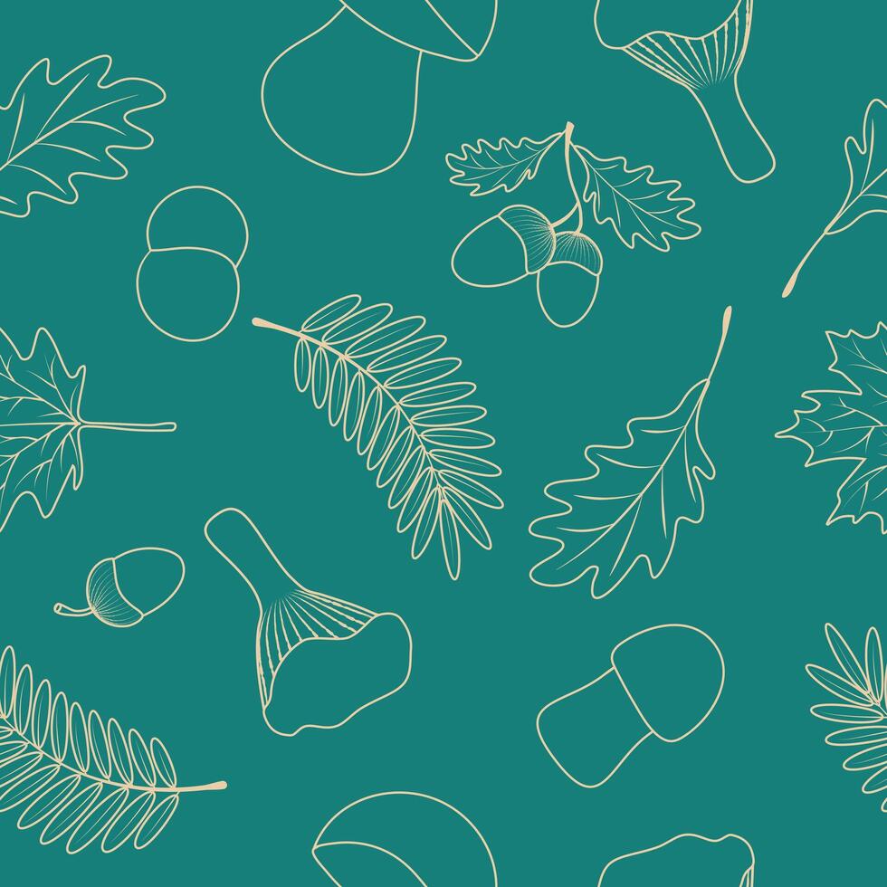 Seamless pattern with maple leaves, acorns, oak leaves, rowan leaves, ceps, mushrooms on geen background. vector