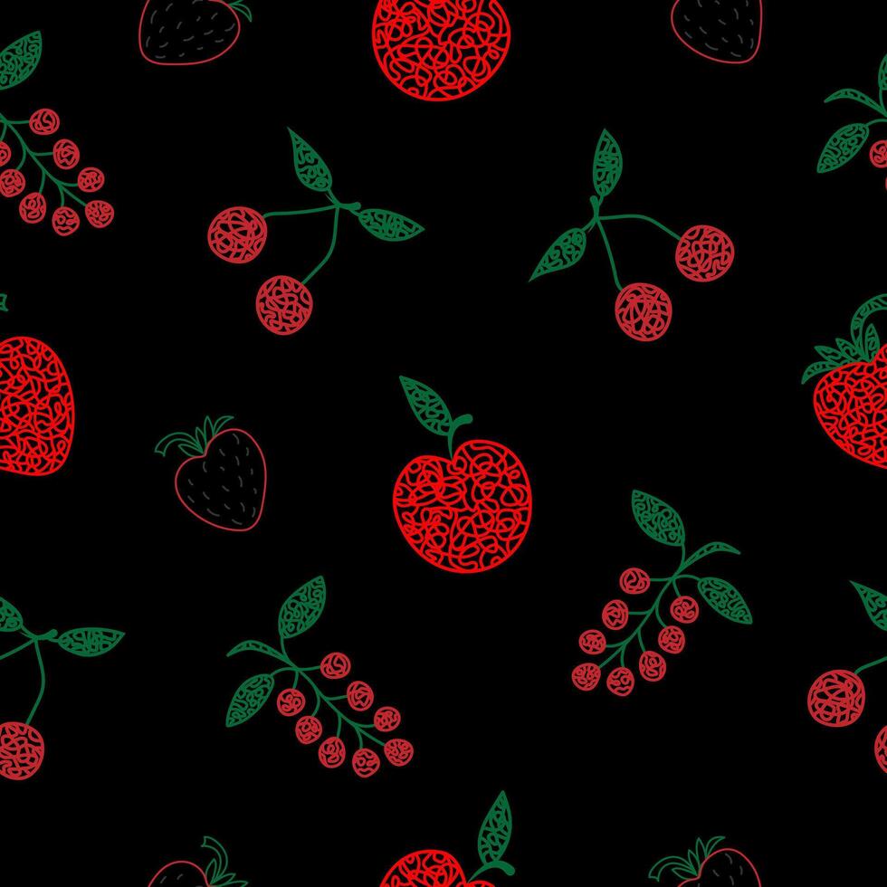 Seamless pattern with hand drawn cherry, apple, strawberry, on black background in childrens naive style. vector
