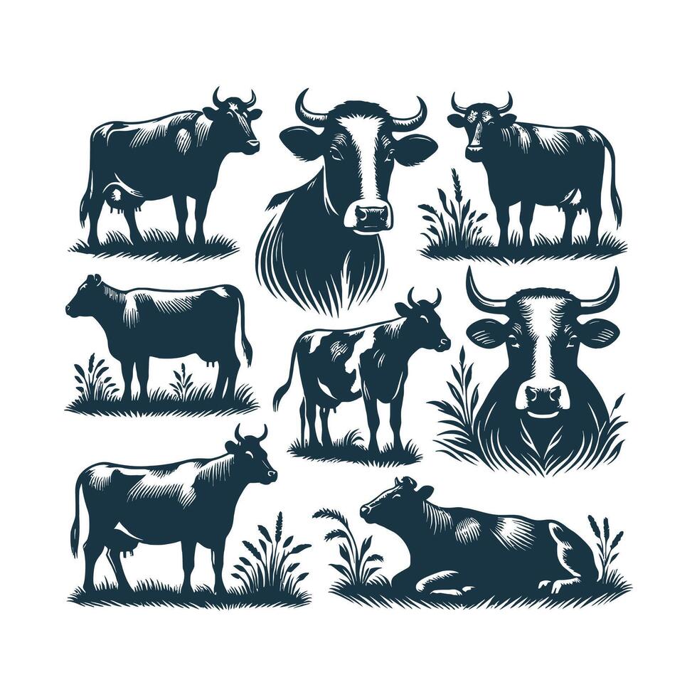 set of cows in different poses, silhouettes and backgrounds vector