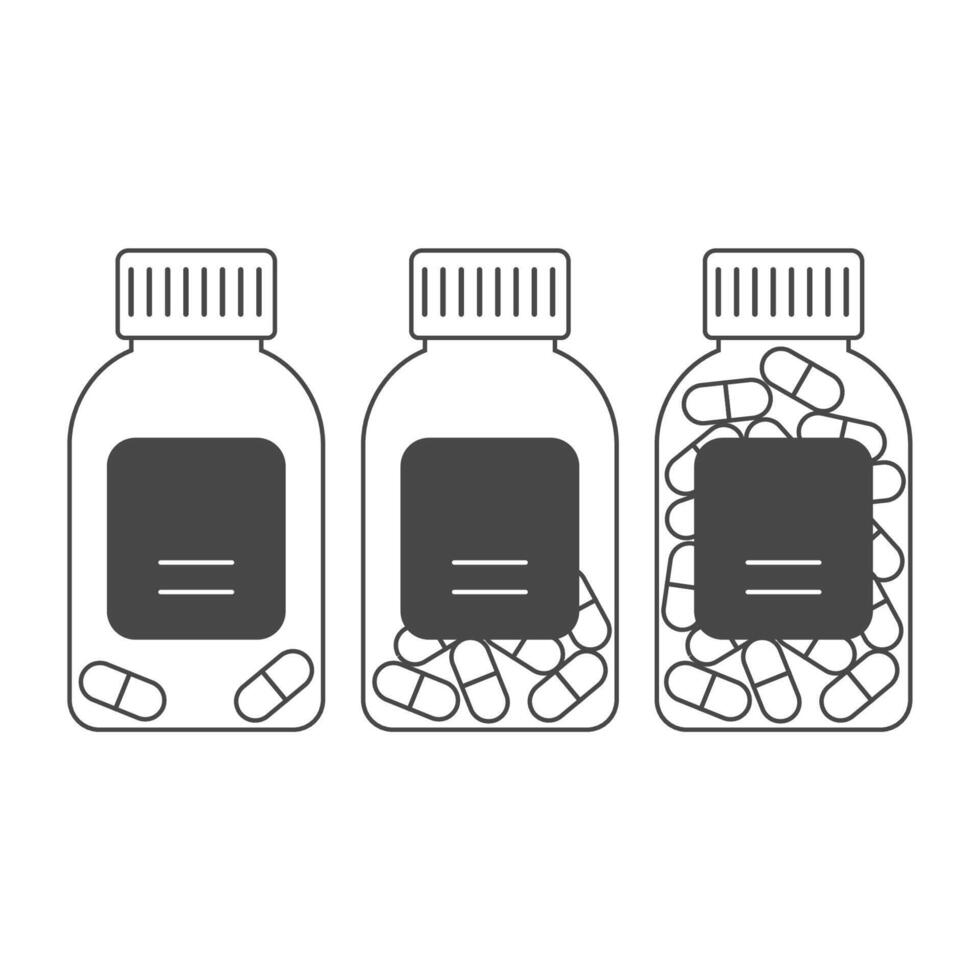 Set of full, half filled and empty plastic bottles with pills. Biologically active vitamins in jar vector