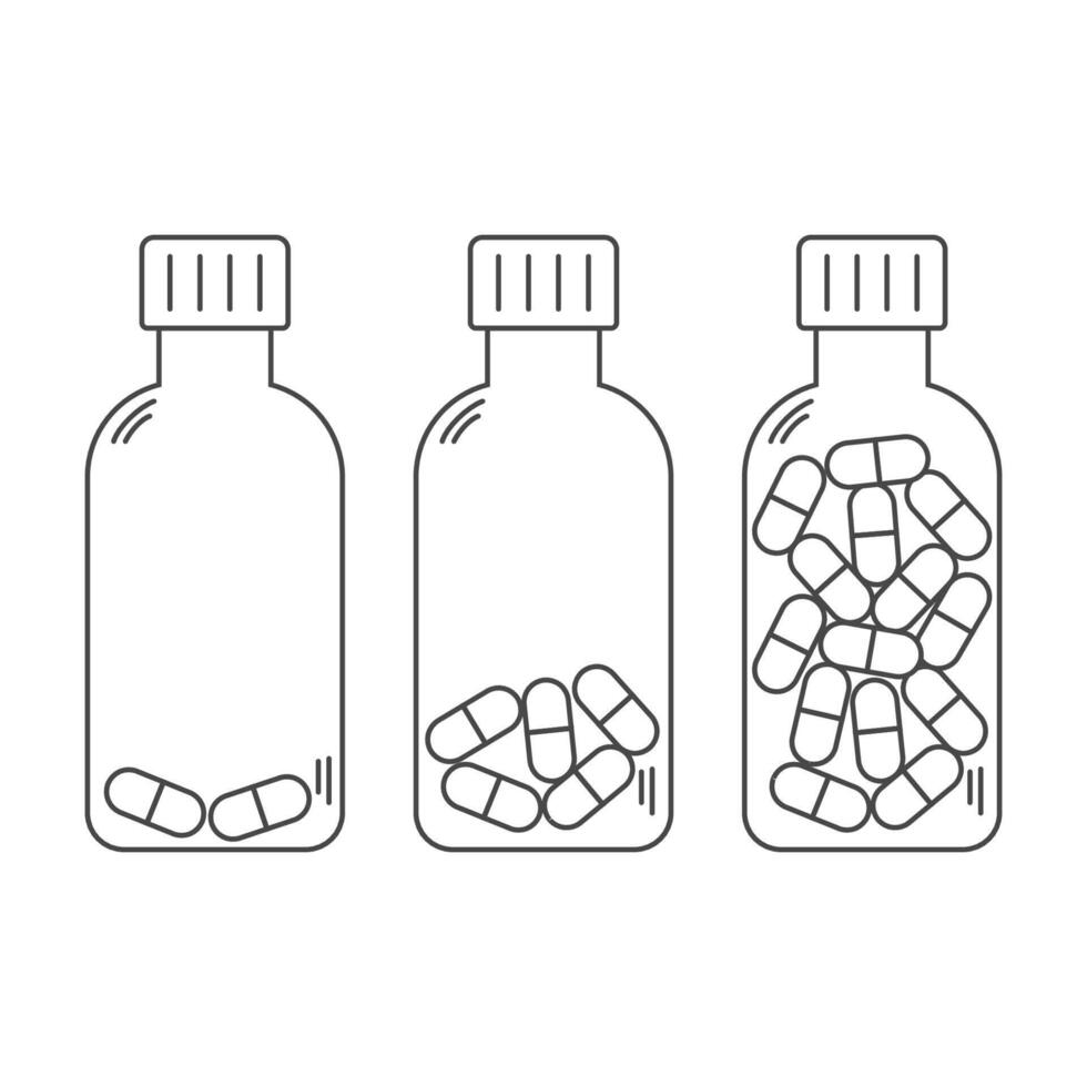 Set of linear medical bottles with pills, full, half filled and empty of drugs vector