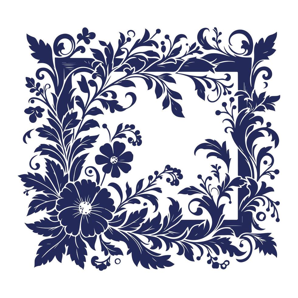 floral frame wreath with blue flowers and leaves on white background vector