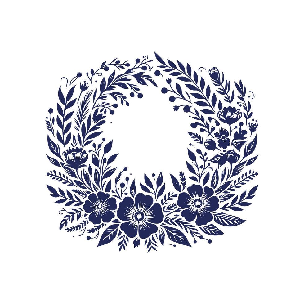 floral frame wreath with blue flowers and leaves on white background vector