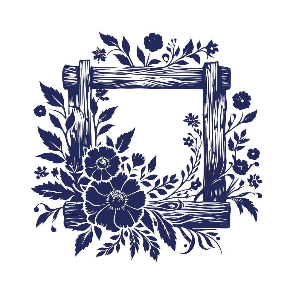 a blue floral frame design with leaves and flowers vector