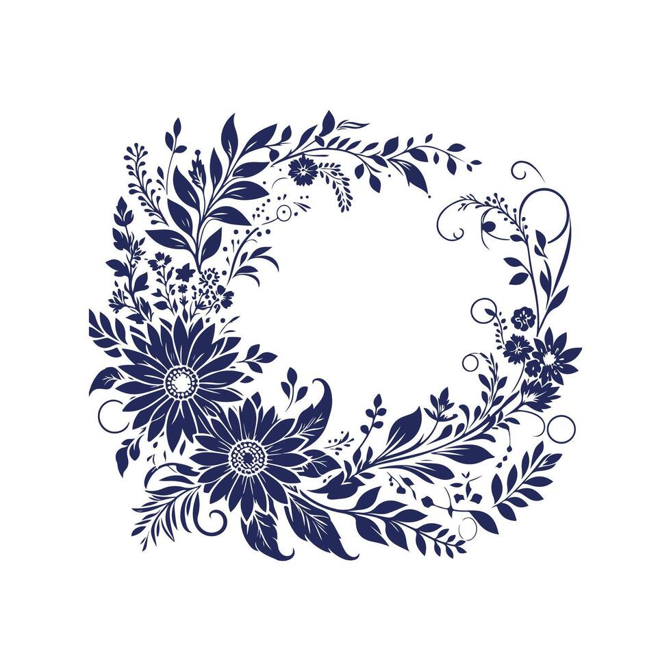 a blue floral frame design with leaves and flowers vector